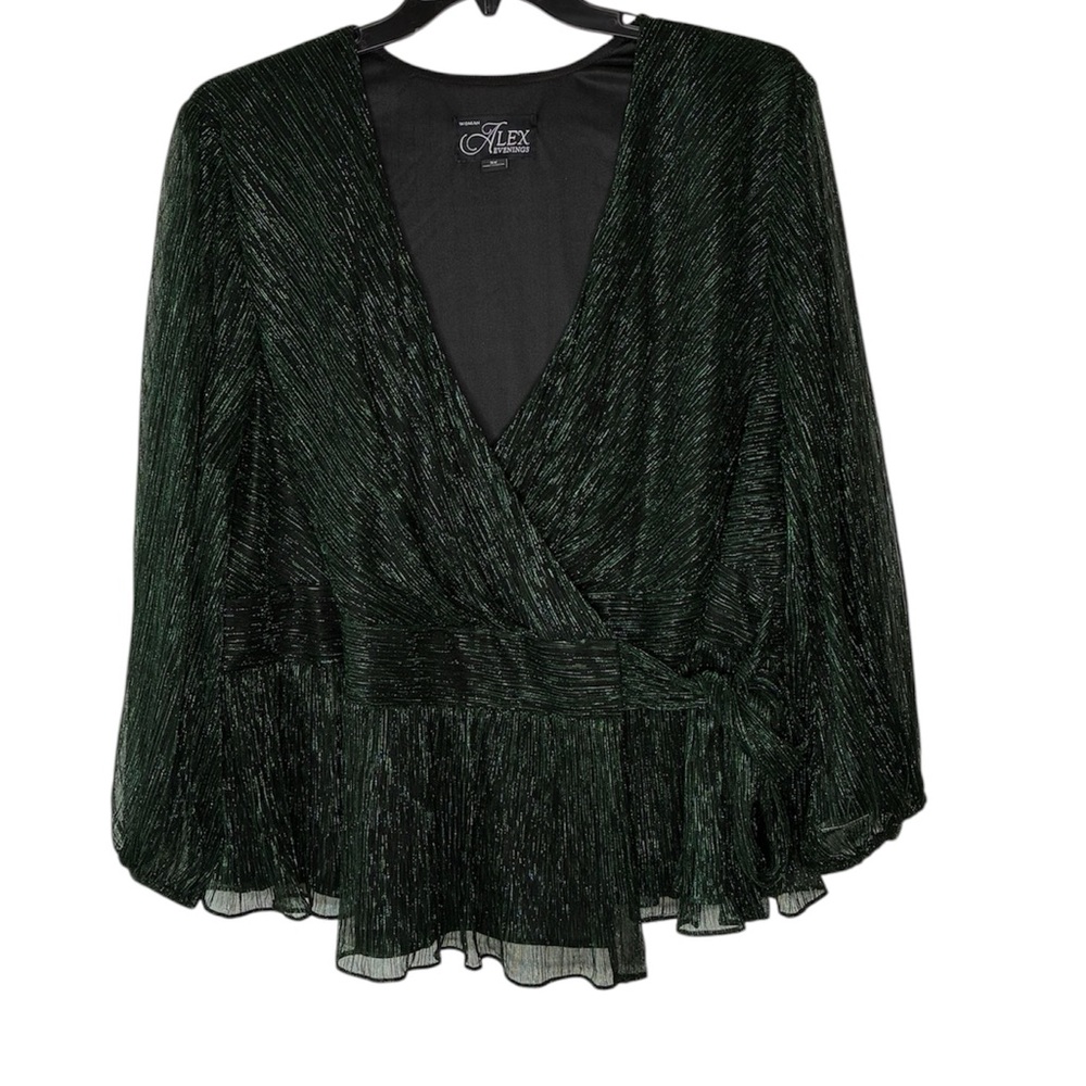 Alex Evenings Surplice Blouse Tie Waist & Balloon Sleeves Black Emerald Metallic
